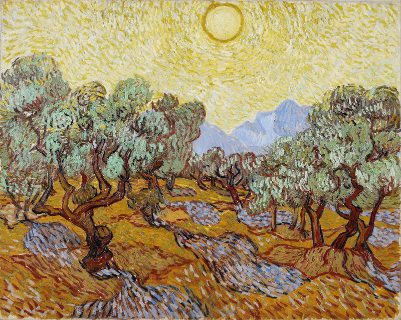 Oliventrær med gul himmel og sol - Vincent van Gogh