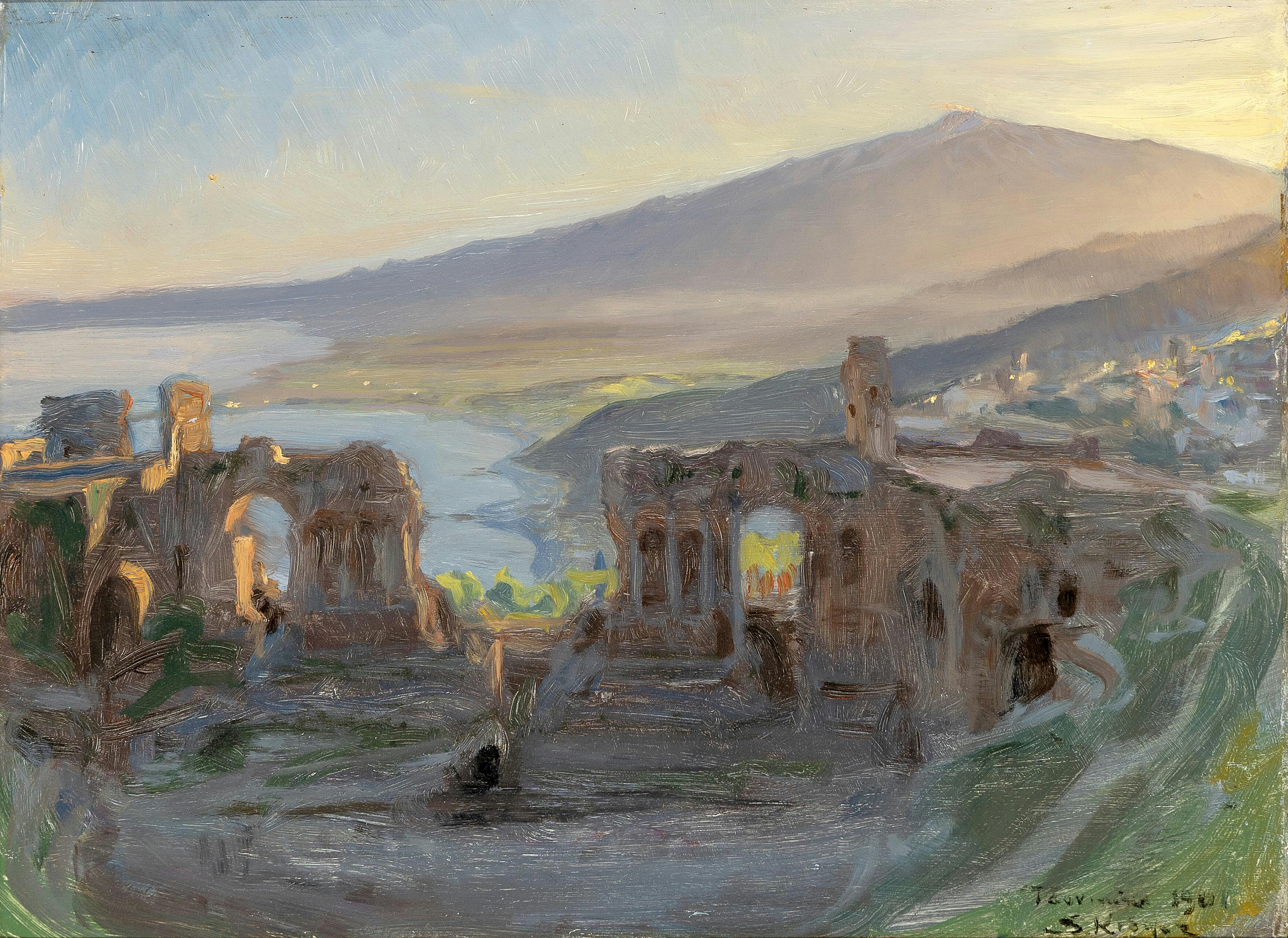 Nattlandskap nær det antikke teatret i Taormina med utsikt over Etna og bukten. - Peder Severin Krøyer