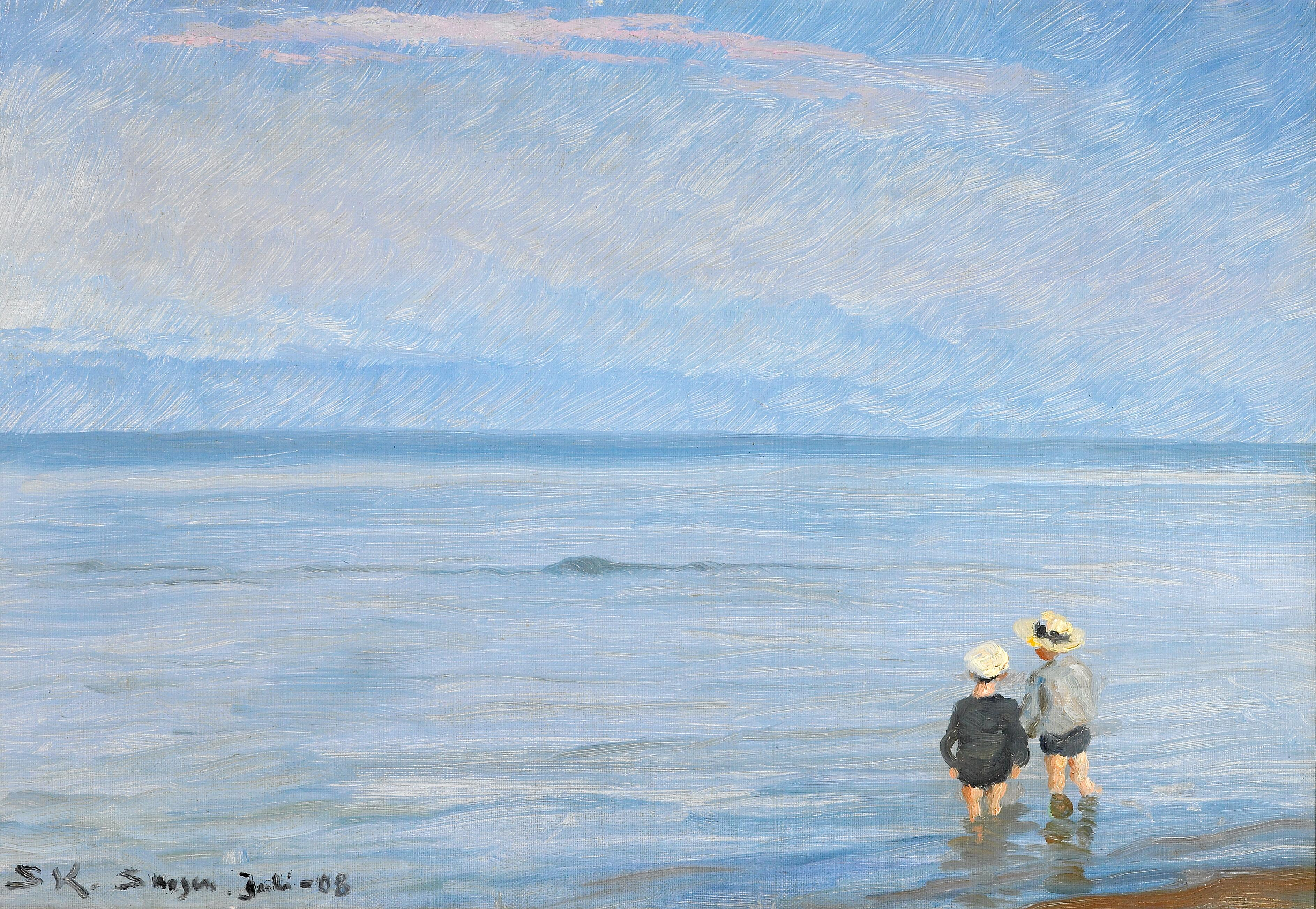 Den blå timen. To barn padler på stranden i Skagen. - Peder Severin Krøyer