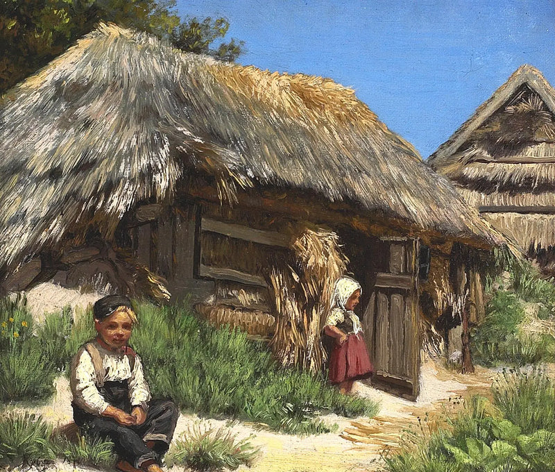 Et hus med stråtak. En sommerdag under en blå og varm himmel. Organisert med to barn. - Peder Severin Krøyer