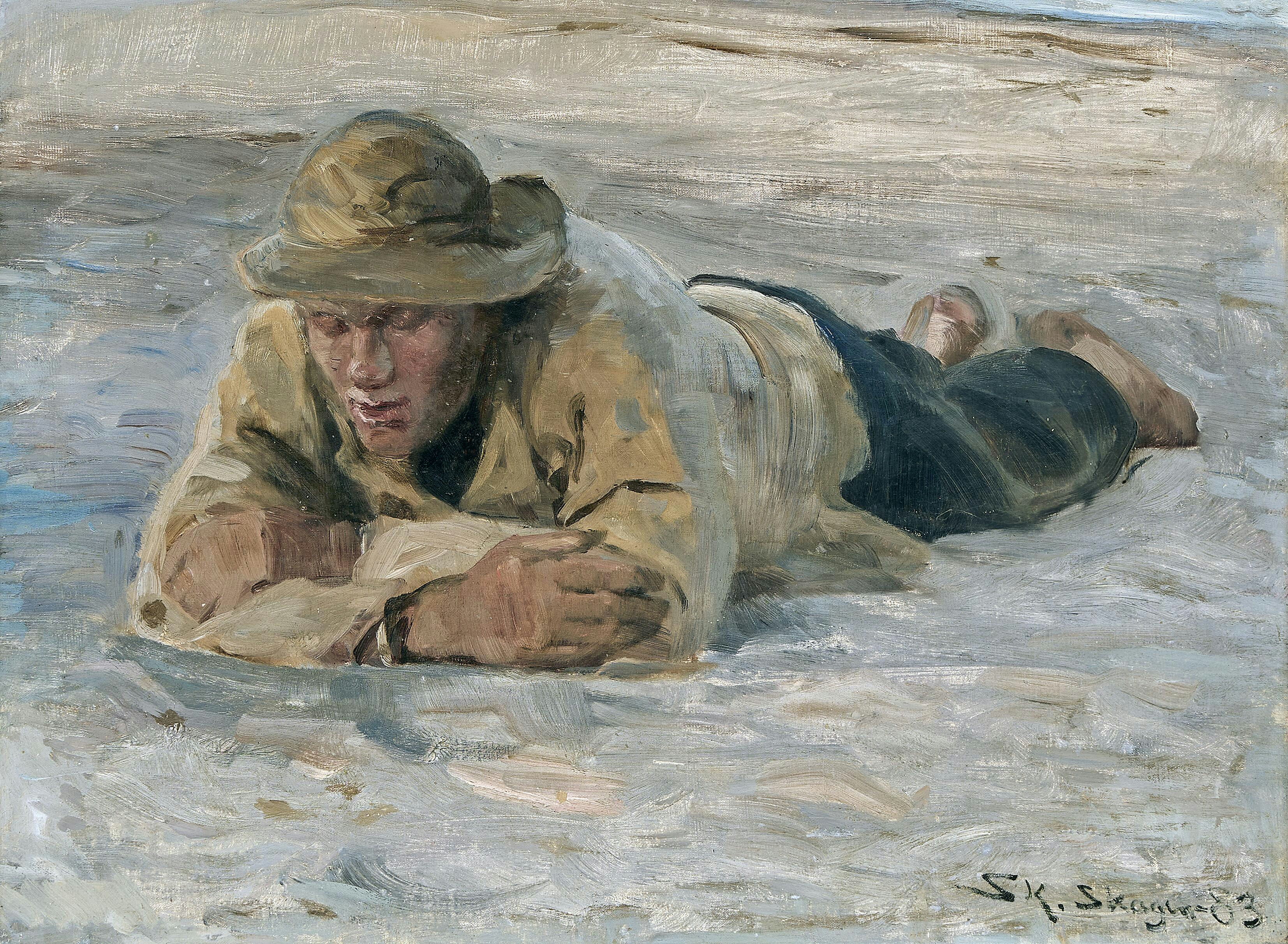 Un pêcheur se reposant dans le sable, la poitrine contre les bras - Peder Severin Krøyer