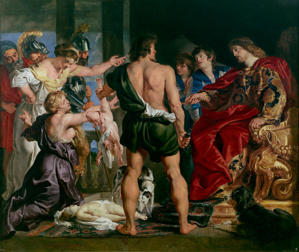 Le jugement de Salomon : Salomon rend son verdict ; il ordonne à un soldat de diviser l'enfant vivant en deux ; la vraie mère s'oppose au verdict de Salomon (1 Rois 3:25-27) - Peter Paul Rubens