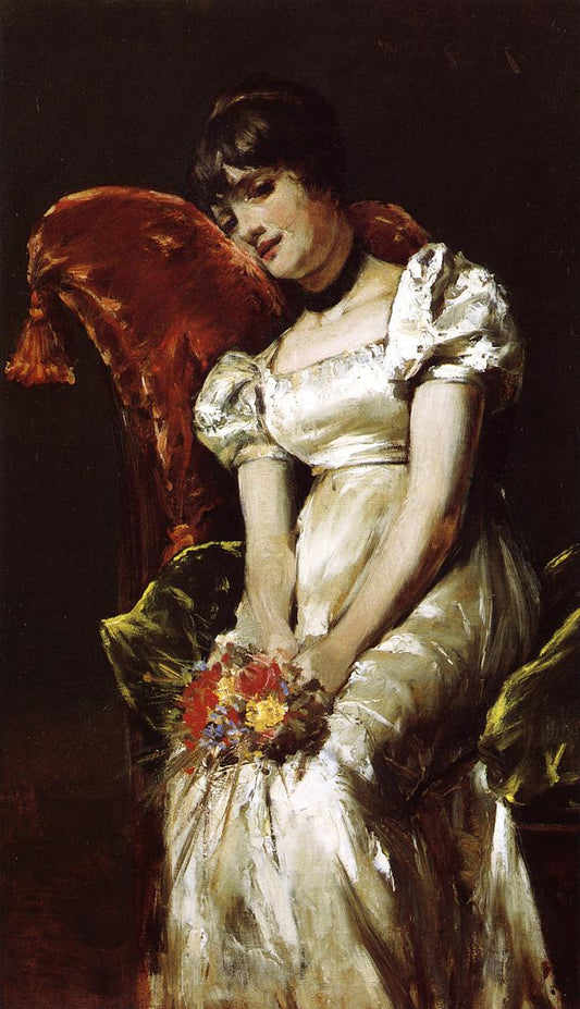 Reproduction du tableau « Portrait d'une jeune fille assise tenant un bouquet - Pierre-Auguste Renoir » par Alpha Reproduction en peinture à l’huile