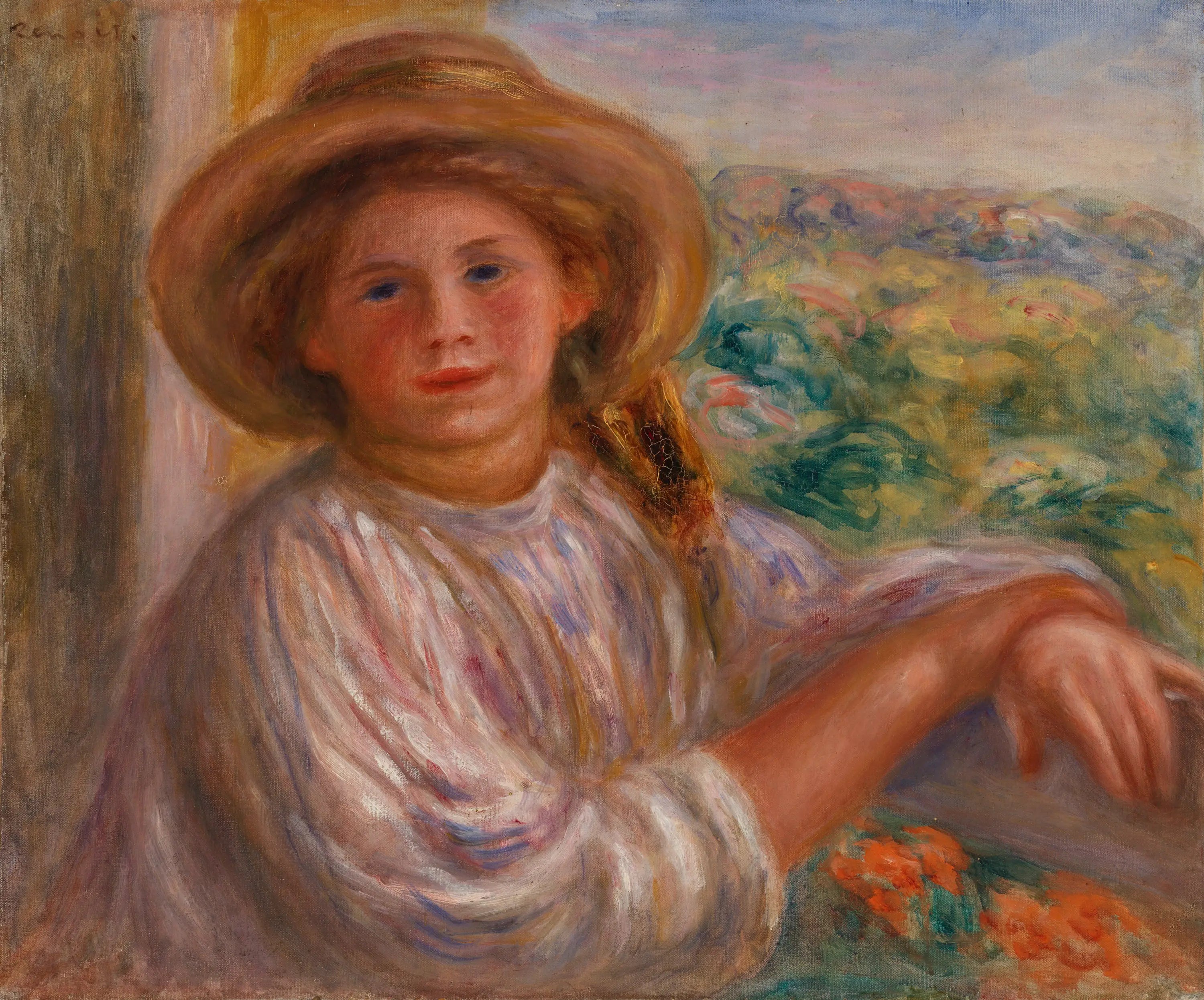 Reproduction du tableau « Fille sur un balcon, Cagnes (Jeune femme au balcon, Cagnes) - Pierre-Auguste Renoir » par Alpha Reproduction en peinture à l’huile