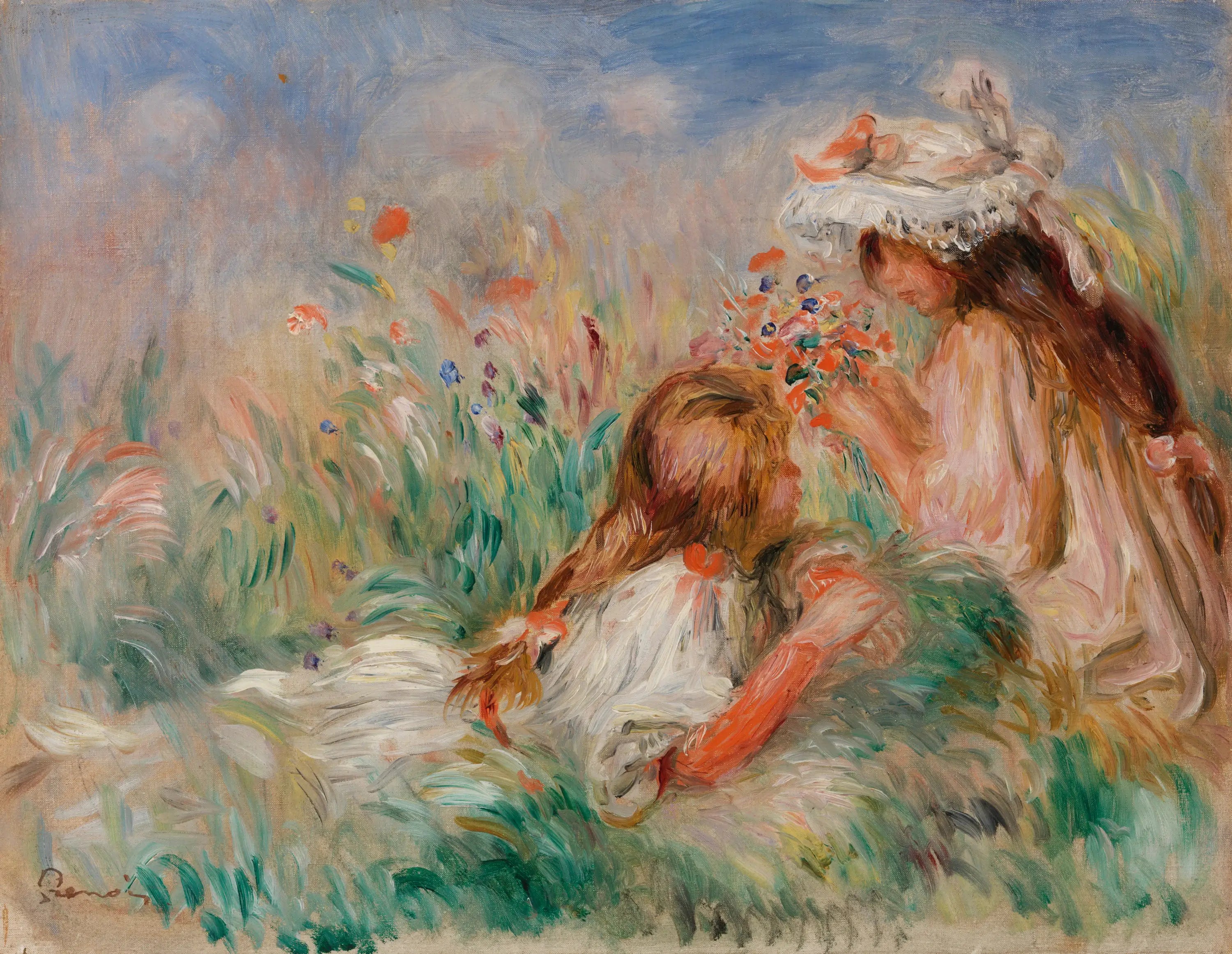 Reproduction du tableau « Fillette couchée sur l'herbe et jeune fille arrangeant un bouquet - Pierre-Auguste Renoir » par Alpha Reproduction en peinture à l’huile