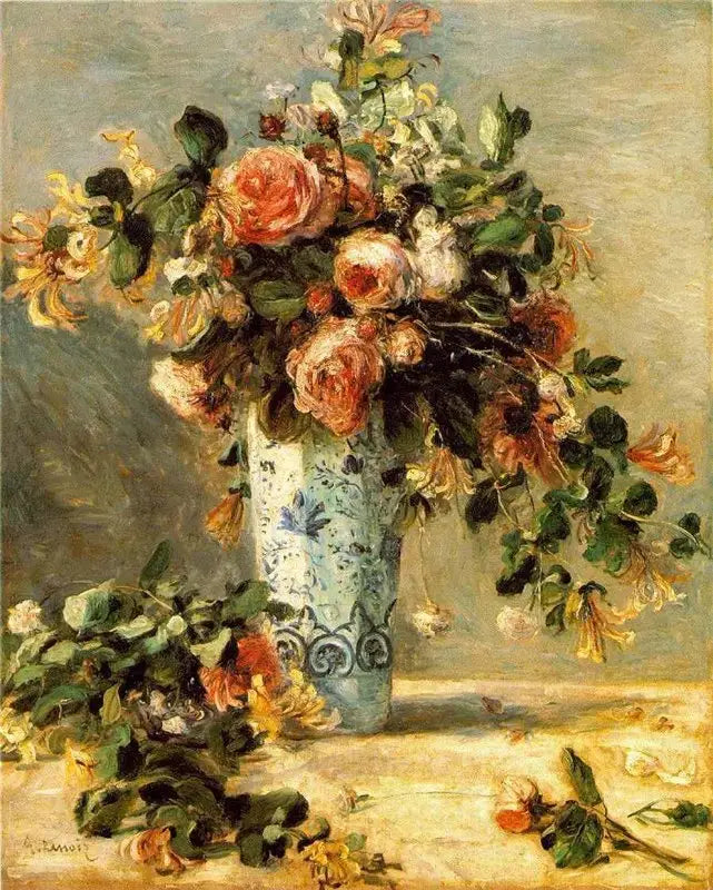 Reproduction du tableau « Roses et jasmin dans un vase de Delft - Pierre-Auguste Renoir » par Alpha Reproduction en peinture à l’huile