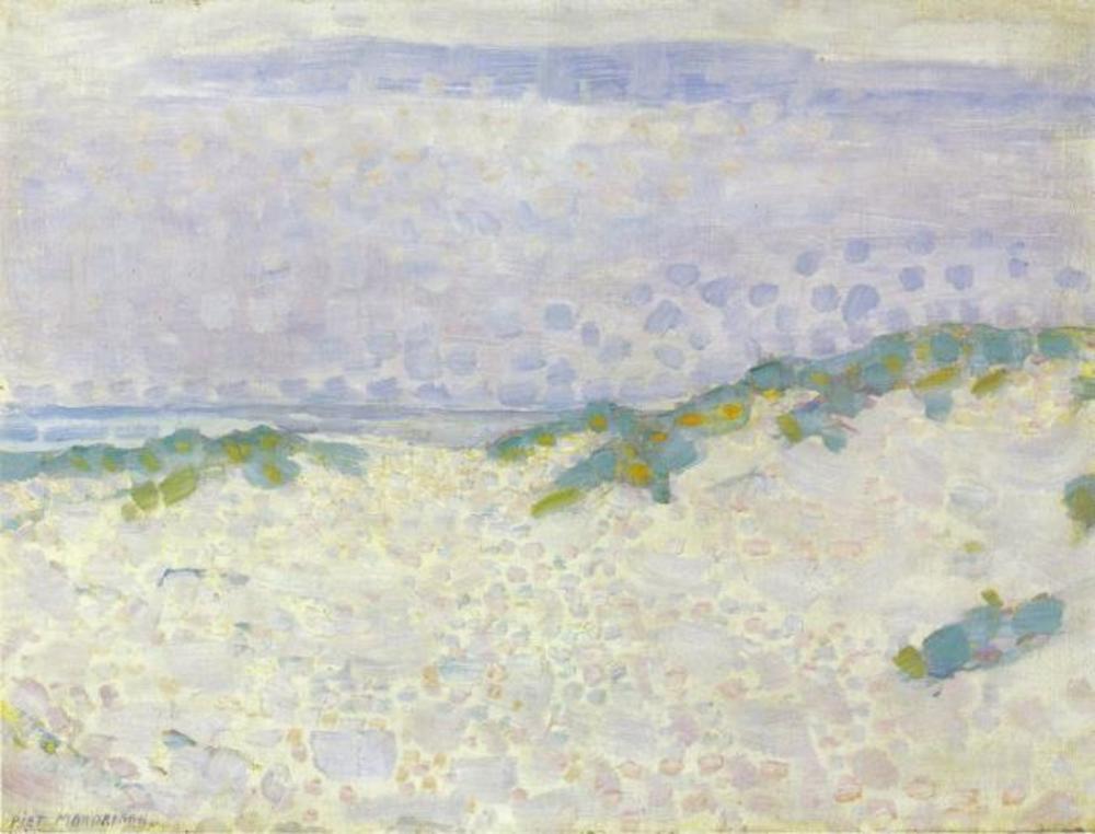 Reproduction du tableau « Étude pointilliste avec dunes et mer - Piet Mondrian » par Alpha Reproduction en peinture à l’huile