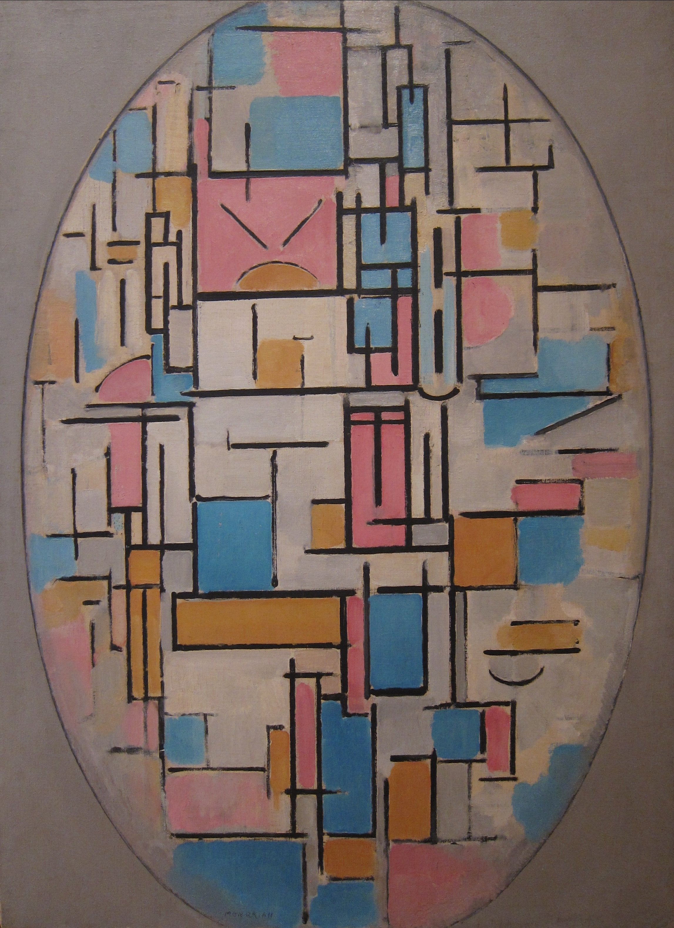 Reproduction du tableau « Composition dans un ovale avec des plans de couleur 1 - Piet Mondrian » par Alpha Reproduction en peinture à l’huile