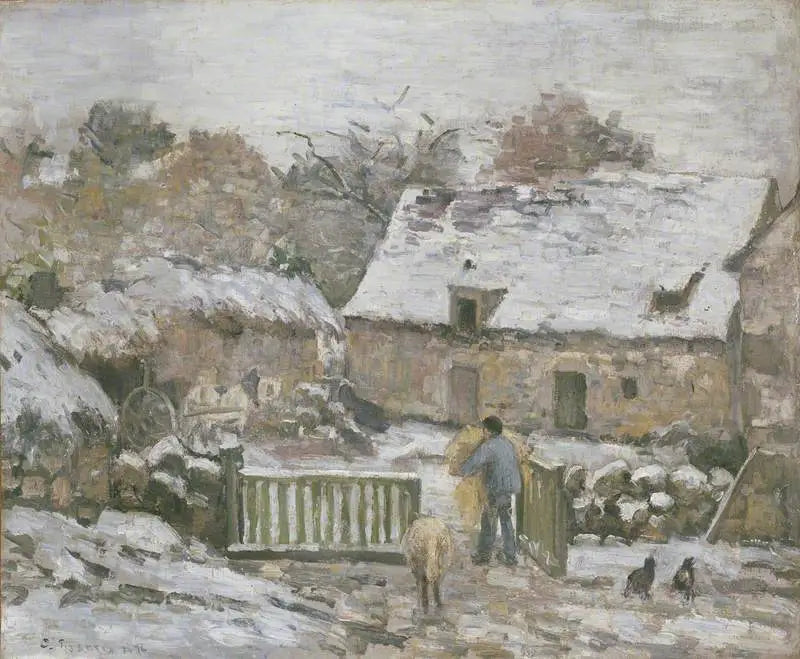 Gård i Montfoucault, snøeffekt - Camille Pissarro