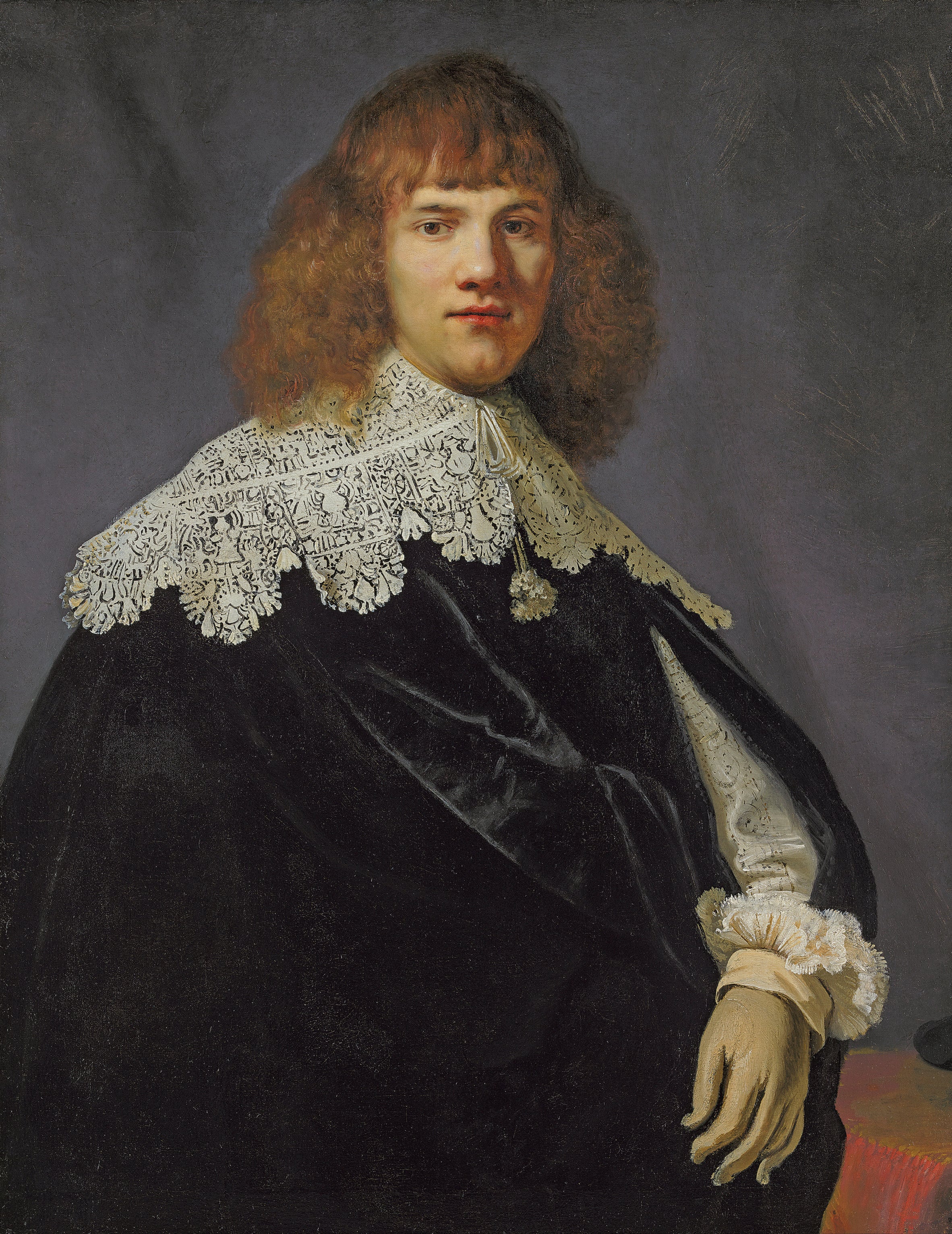 Reproduction du tableau « Portrait d'un gentleman, à mi-corps, vêtu d'un manteau de velours noir et d'un col et de poignets en dentelle blanche - Rembrandt » par Alpha Reproduction en peinture à l’huile