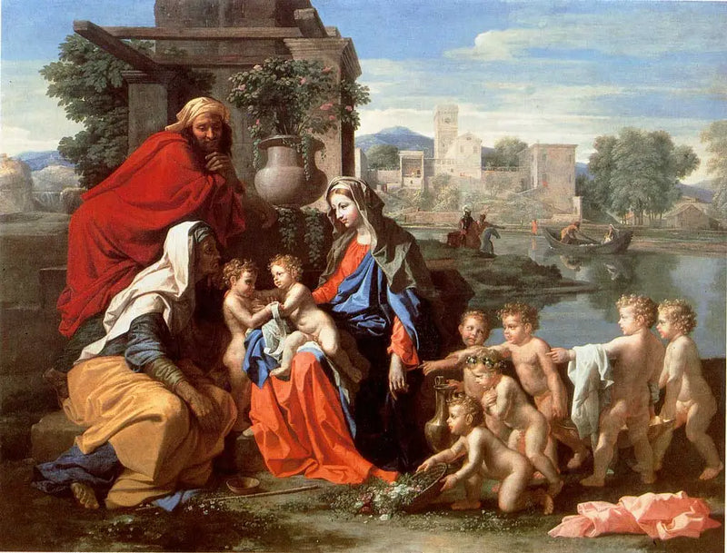 Den hellige familie med den hellige Elisabeth, den lille helgenen Johannes og putti - Nicolas Poussin
