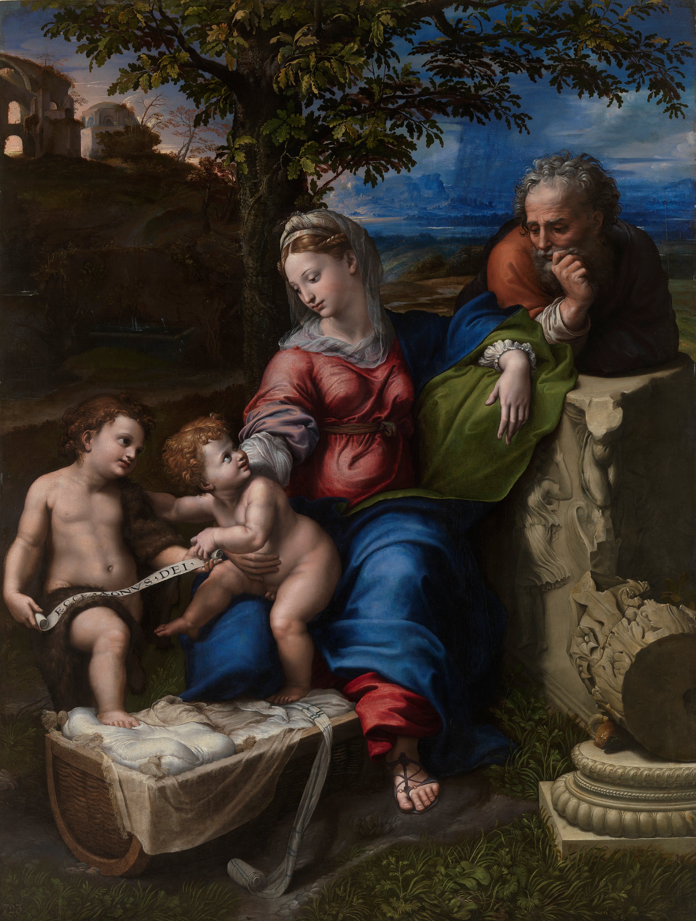 Reproduction du tableau « La Sainte Famille sous un chêne - Raphaël Sanzio » par Alpha Reproduction en peinture à l’huile