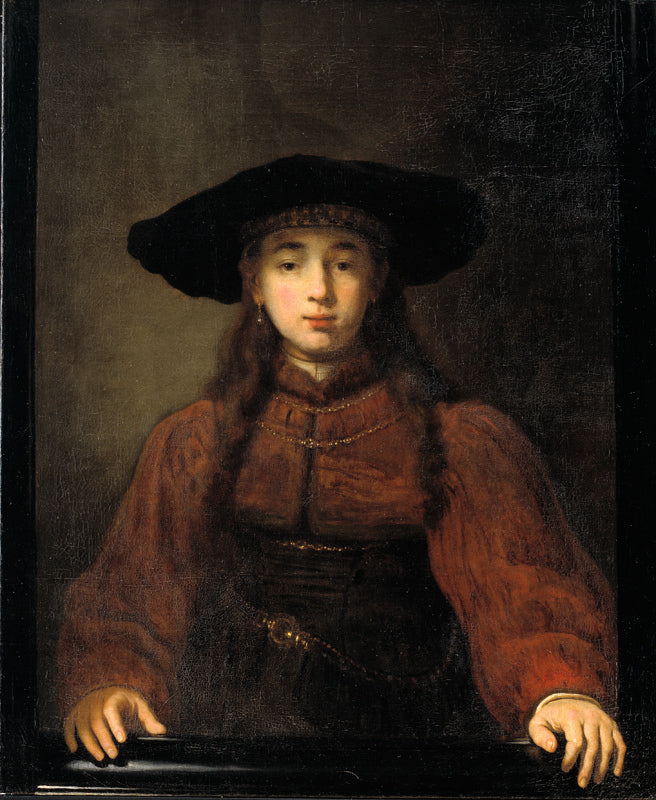 Reproduction du tableau « Une jeune femme posant ses mains sur le cadre photo - Rembrandt » par Alpha Reproduction en peinture à l’huile