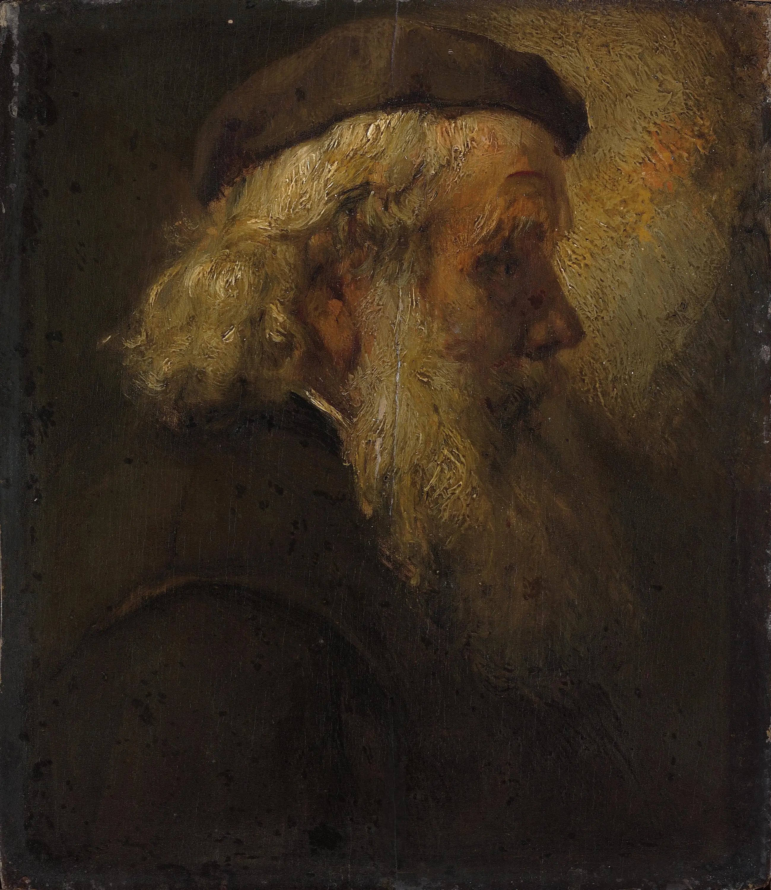 Reproduction du tableau « Tête d'un vieil homme barbu en béret, vue de profil - Rembrandt » par Alpha Reproduction en peinture à l’huile