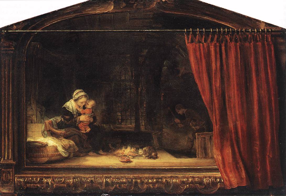 Reproduction du tableau « La Sainte Famille avec un rideau - Rembrandt » par Alpha Reproduction en peinture à l’huile