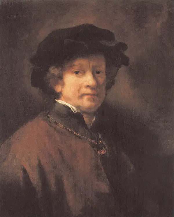 Selvportrett med svart beret og gullkjede - Rembrandt