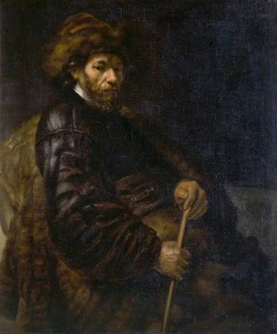 Reproduction du tableau « Un homme assis avec un bâton - Rembrandt » par Alpha Reproduction en peinture à l’huile