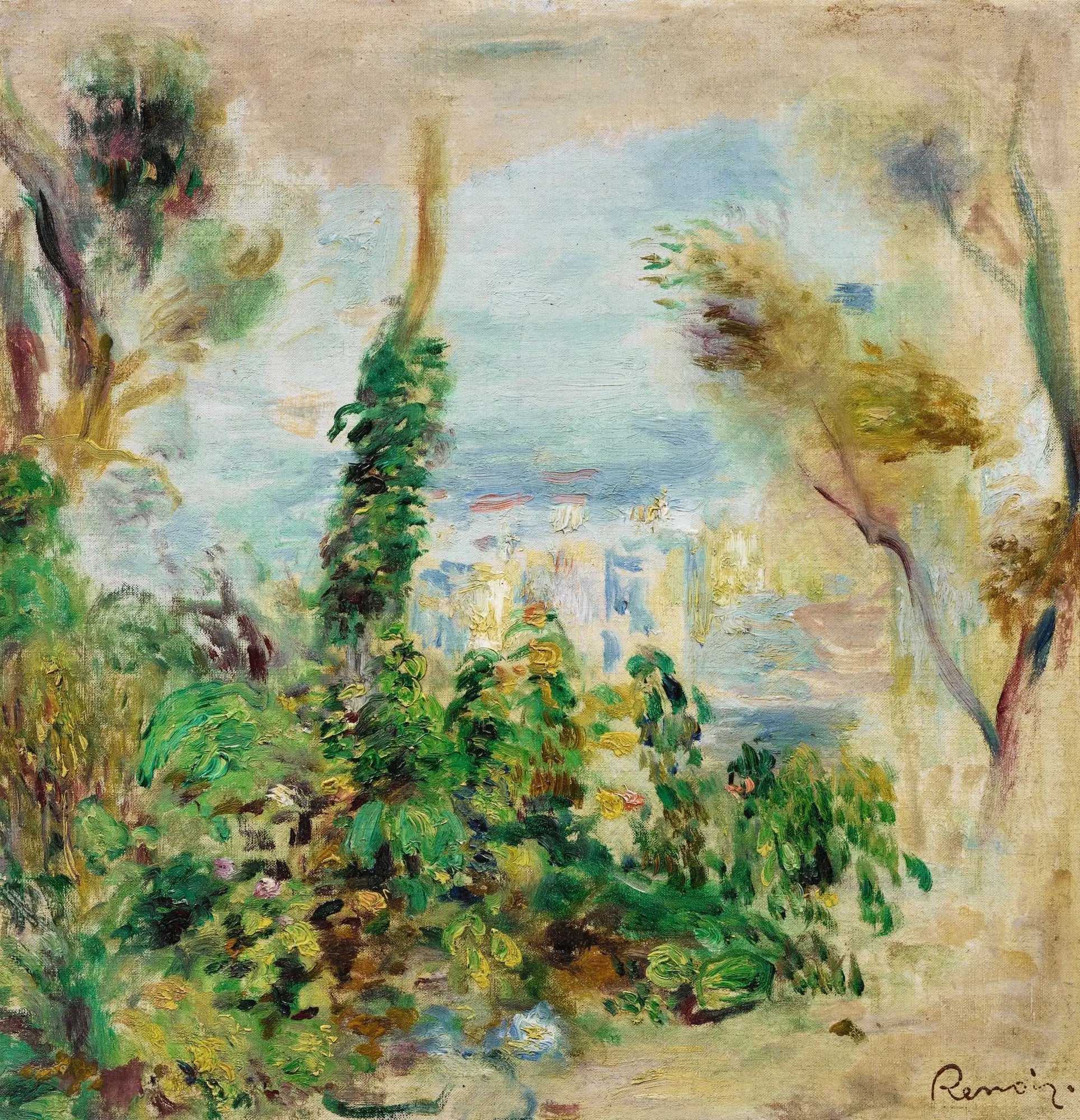 Reproduction du tableau « Paysage, au premier plan fleurs grimpantes, au fond maisons - Pierre-Auguste Renoir » par Alpha Reproduction en peinture à l’huile