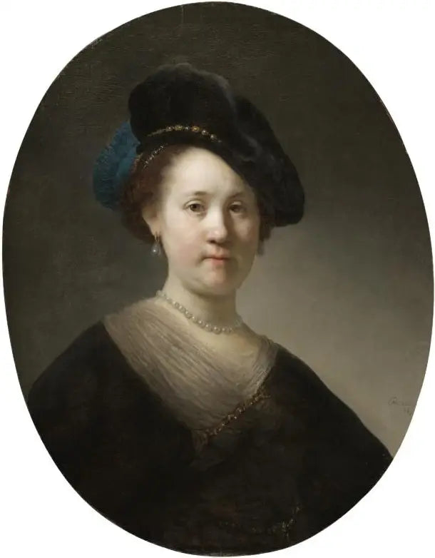 Reproduction du tableau « Buste d'une jeune femme au béret à plumes - Rembrandt » par Alpha Reproduction en peinture à l’huile