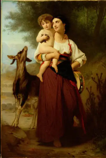 Reproduction du tableau « Jeune mère en costume de campagne avec son enfant et une chèvre - Bouguereau » par Alpha Reproduction en peinture à l’huile