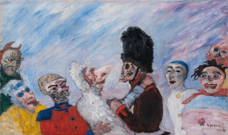 Squelette arrêtant masques, 33 x 55 cm - James Ensor