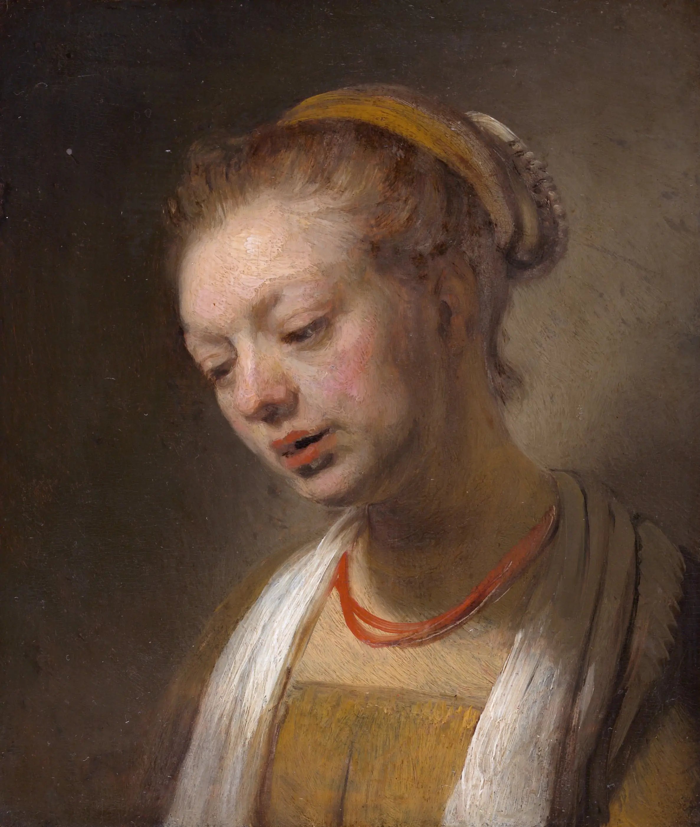 Reproduction du tableau « Jeune femme au collier rouge - Rembrandt » par Alpha Reproduction en peinture à l’huile