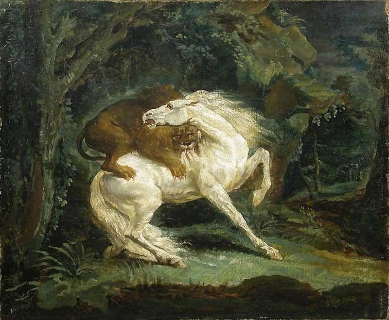 Hest angrepet av en løve - Théodore Géricault