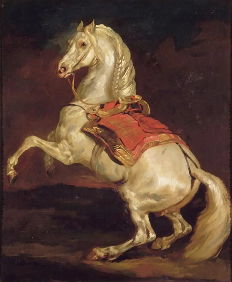 Hest rearing på rød salteppe - Théodore Géricault