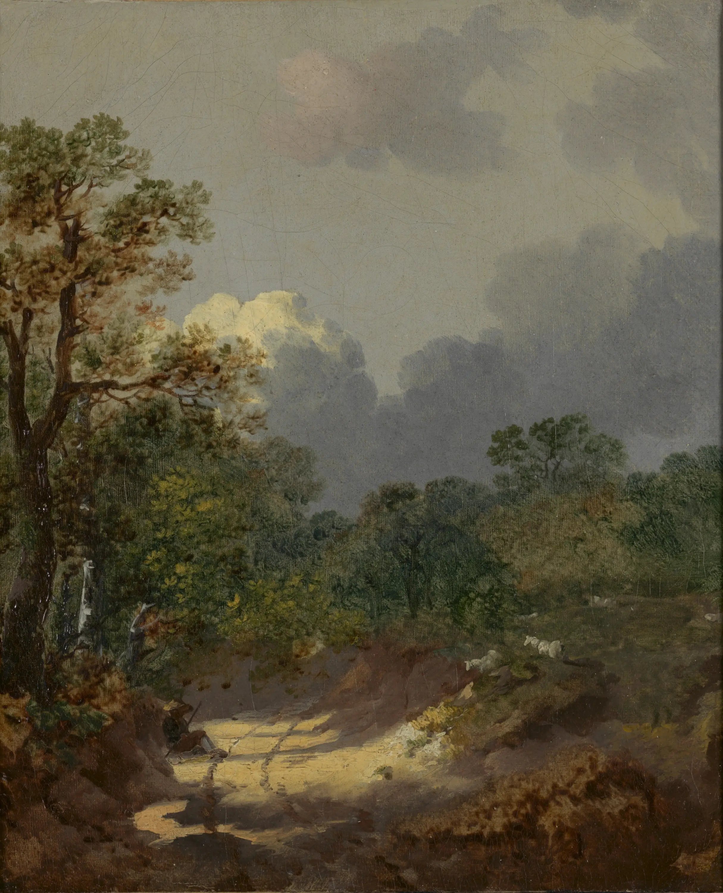 Paysage boisé avec un berger au repos sur une route ensoleillée avec des moutons - Thomas Gainsborough - Alpha