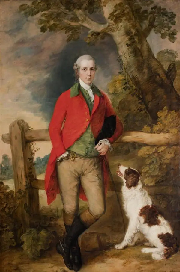 Portrait de Robert Thistlethwayte de Norman Court debout en pied vêtu d’un manteau rouge d’un gilet vert et d’une