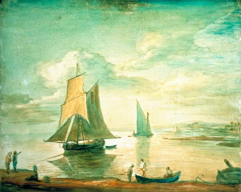 Scène côtière avec des bateaux à voile et à rames et des personnages sur le rivage - Thomas Gainsborough - Alpha