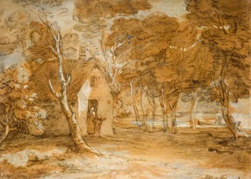 Paysage boisé avec chalet personnages et bateau sur un lac - Thomas Gainsborough - Alpha Reproduction