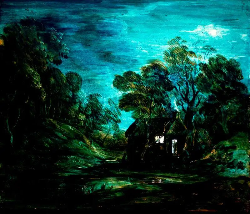 Paysage boisé au clair de lune avec une piscine et une silhouette à la porte d’un chalet - Thomas Gainsborough - Alpha