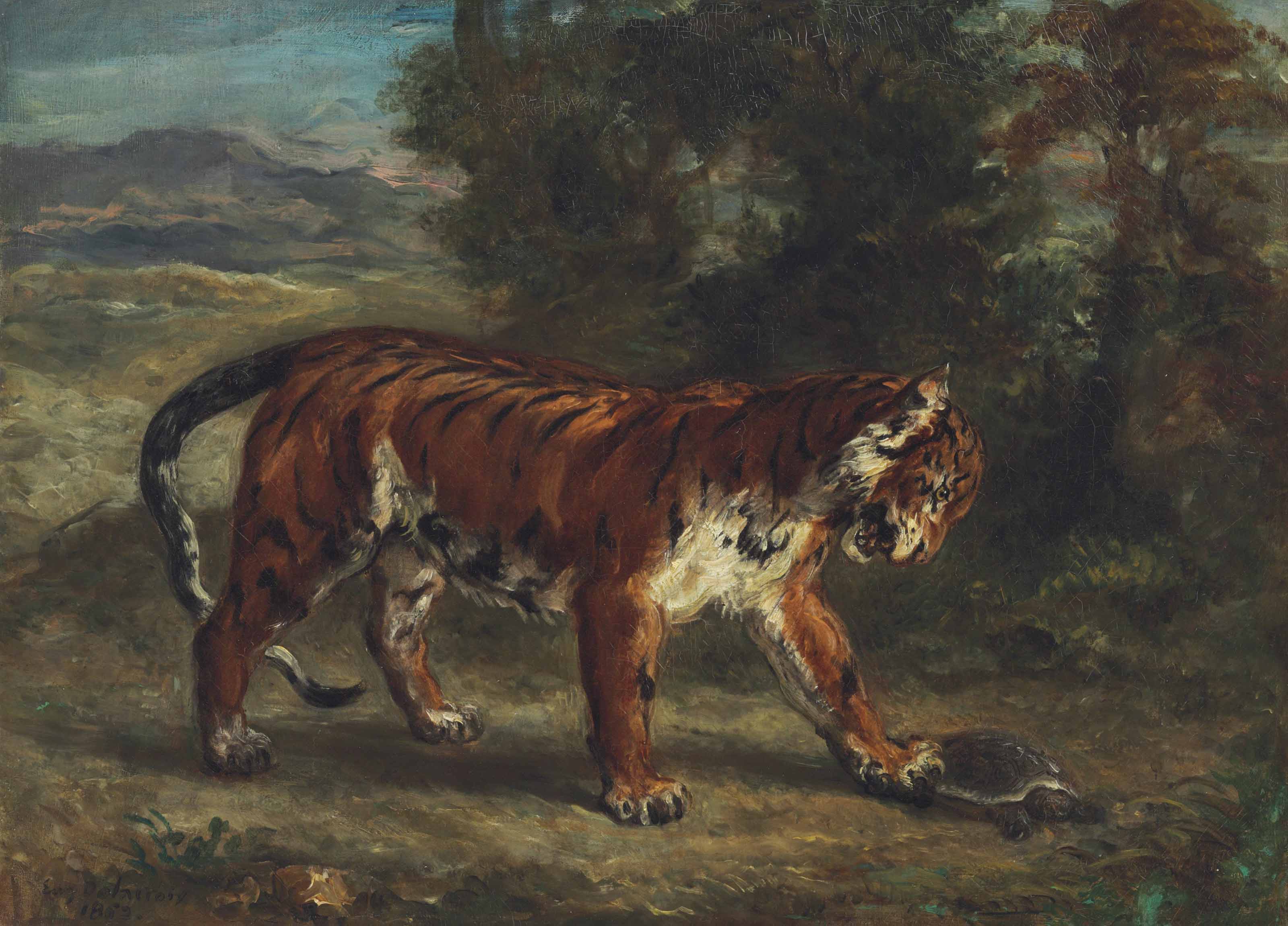 Reproduction du tableau « Tigre jouant avec une tortue - Eugène Delacroix » par Alpha Reproduction en peinture à l’huile