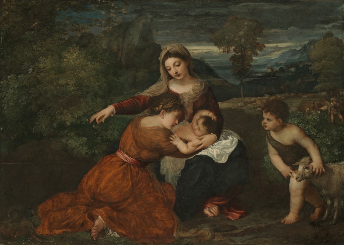 La Vierge à l'Enfant avec une sainte et le jeune saint Jean-Baptiste - Titian