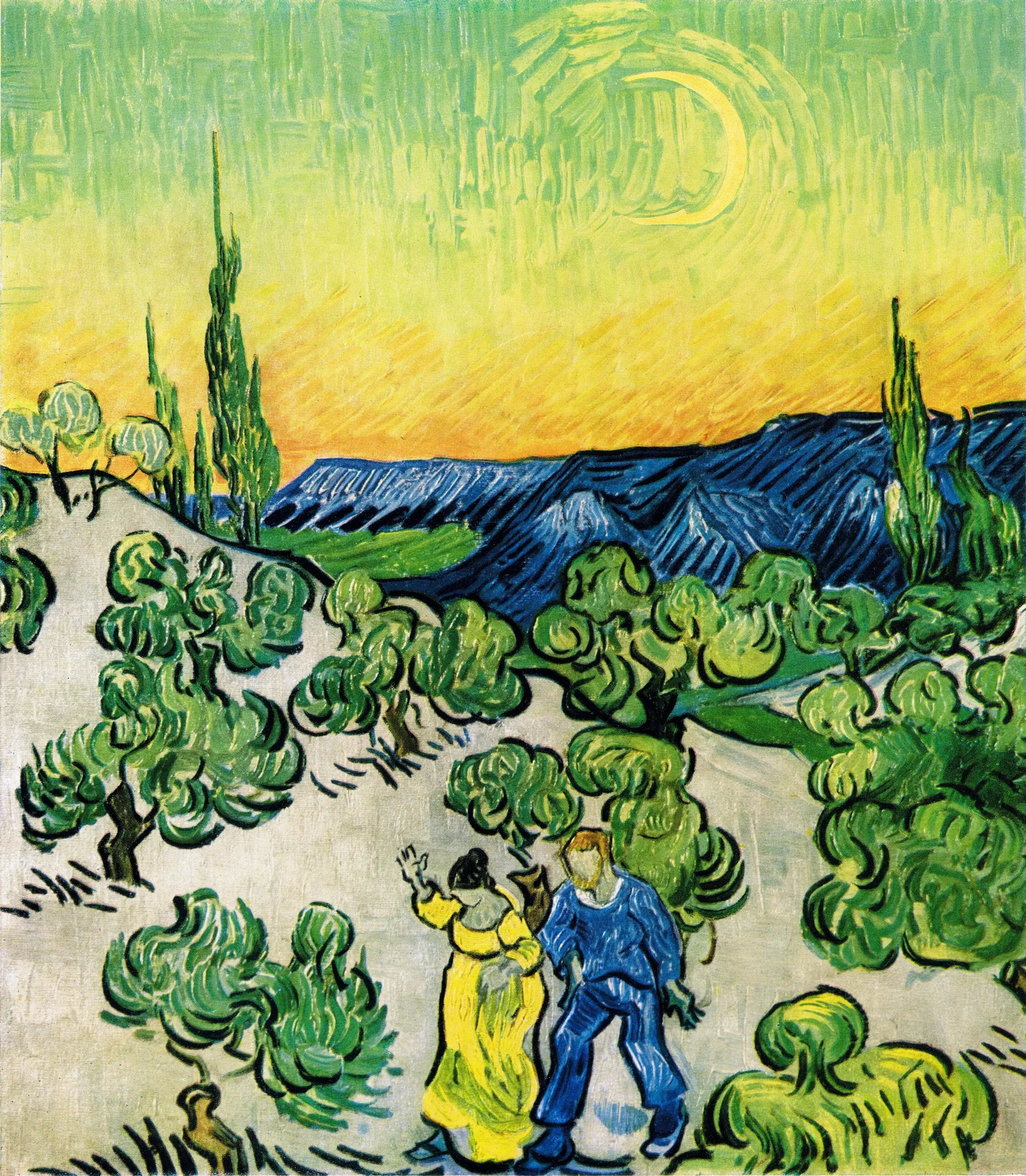 Reproduction du tableau « Paysage avec un couple de marche et un croissant de lune - Vincent van Gogh » par Alpha Reproduction en peinture à l’huile
