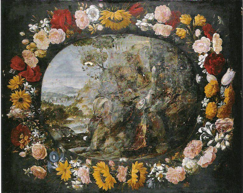Paysage avec une couronne de fleurs - Juan van der Hamen