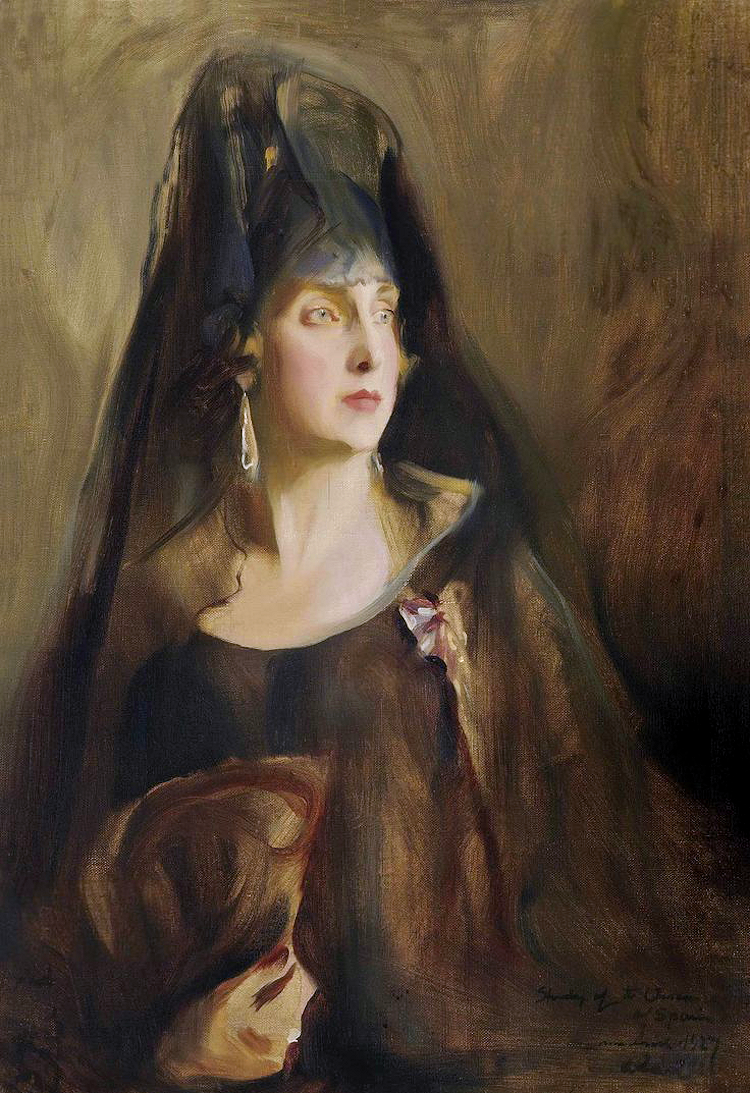 Portrait de la reine Victoria Eugénie d'Espagne (1887-1969), en buste, vêtue d'une simple robe noire sans manches, l'Ordre de la Reine Marie-Louise sur un ruban violet et blanc épinglé à sa robe, tenant un éventail dans sa main droite - Philip de László