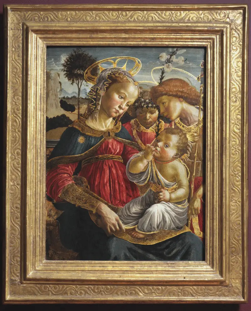 Jomfruen, hellige Johannes Døperen og en engel som tilber Jesusbarnet - Sandro Botticelli