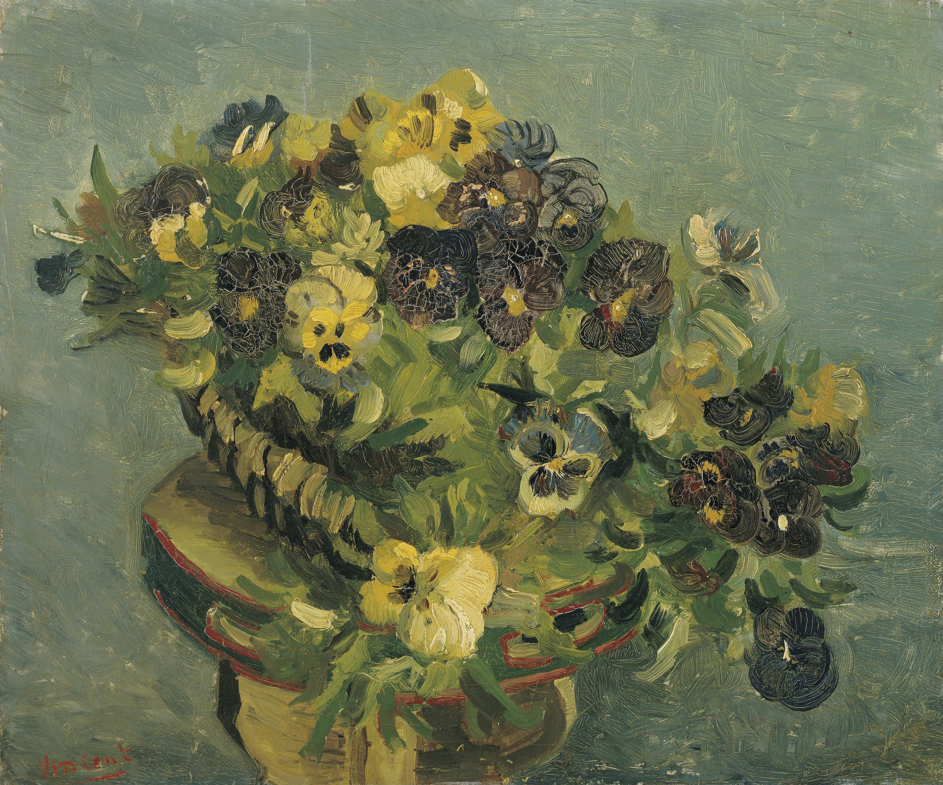 Reproduction du tableau « Panier de pensées sur une petite table - Vincent van Gogh » par Alpha Reproduction en peinture à l’huile