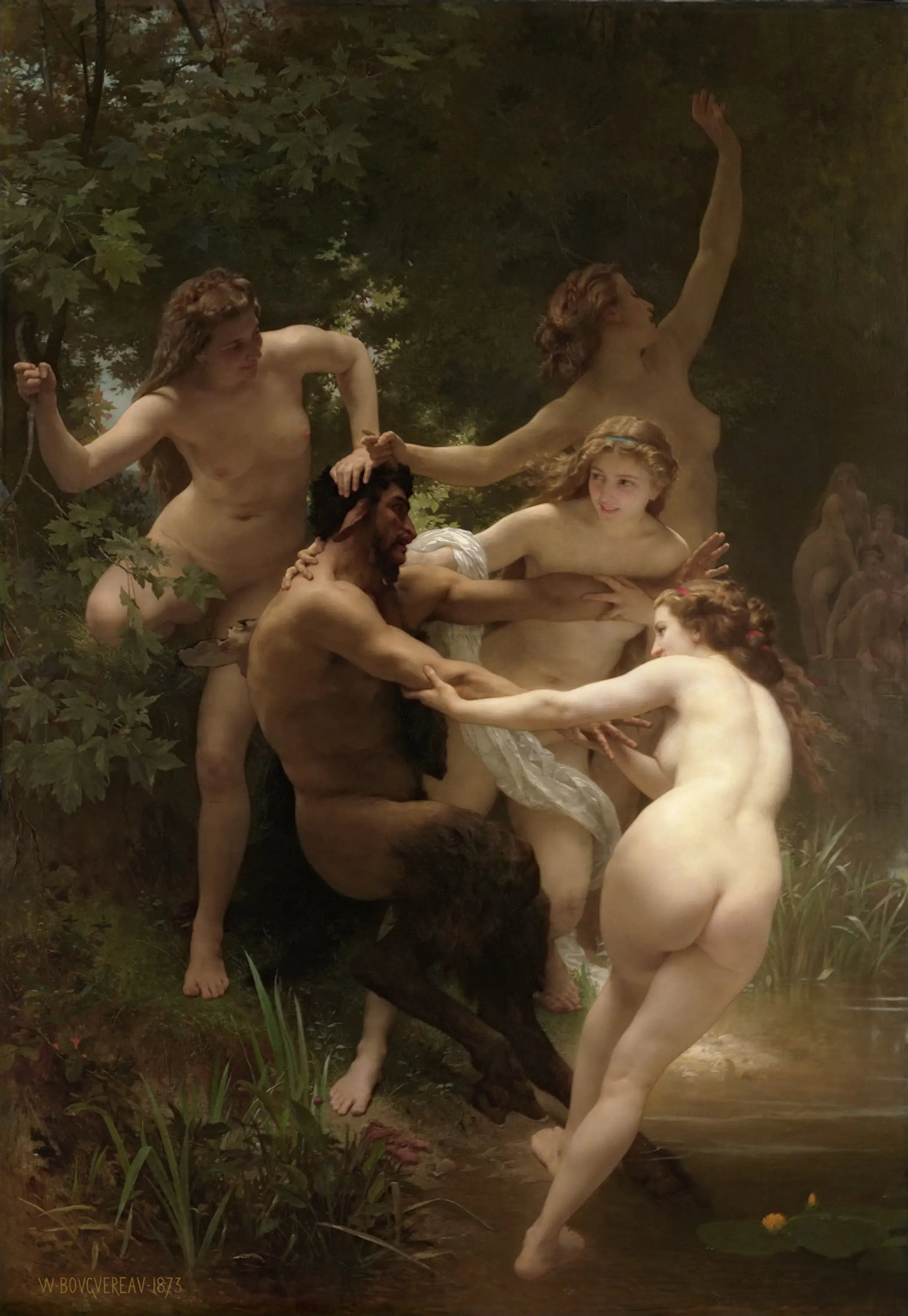Reproduction du tableau « Nymphes et Satyre - Bouguereau » par Alpha Reproduction en peinture à l’huile