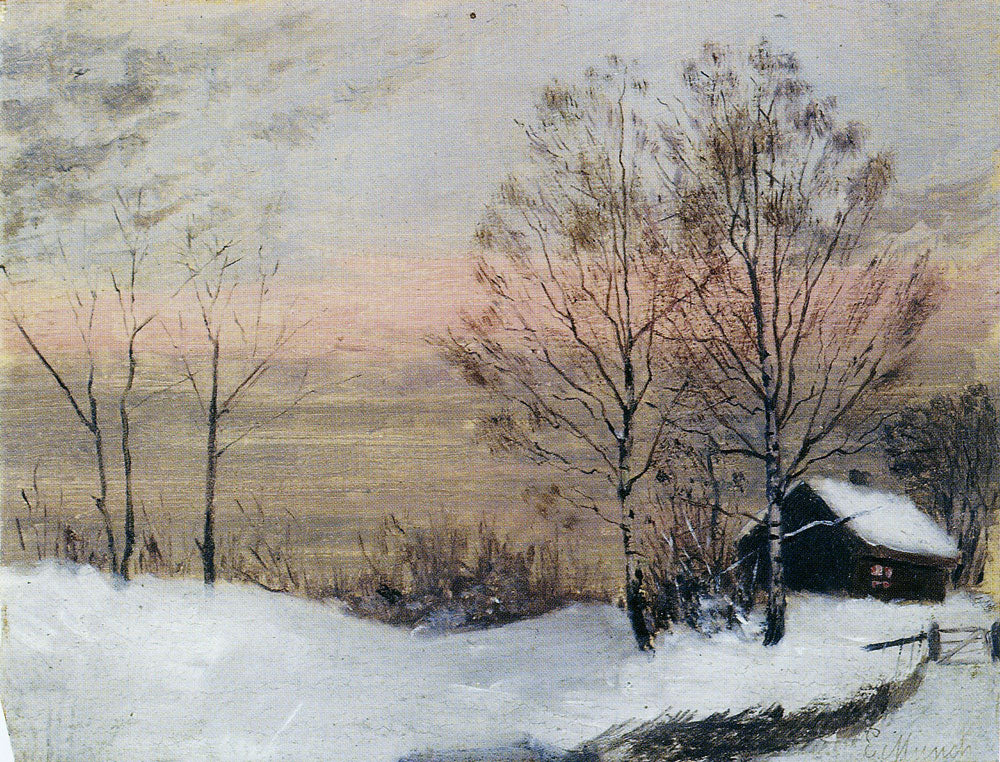 Reproduction du tableau « Paysage d'hiver avec maison et ciel rouge - Edvard Munch » par Alpha Reproduction en peinture à l’huile