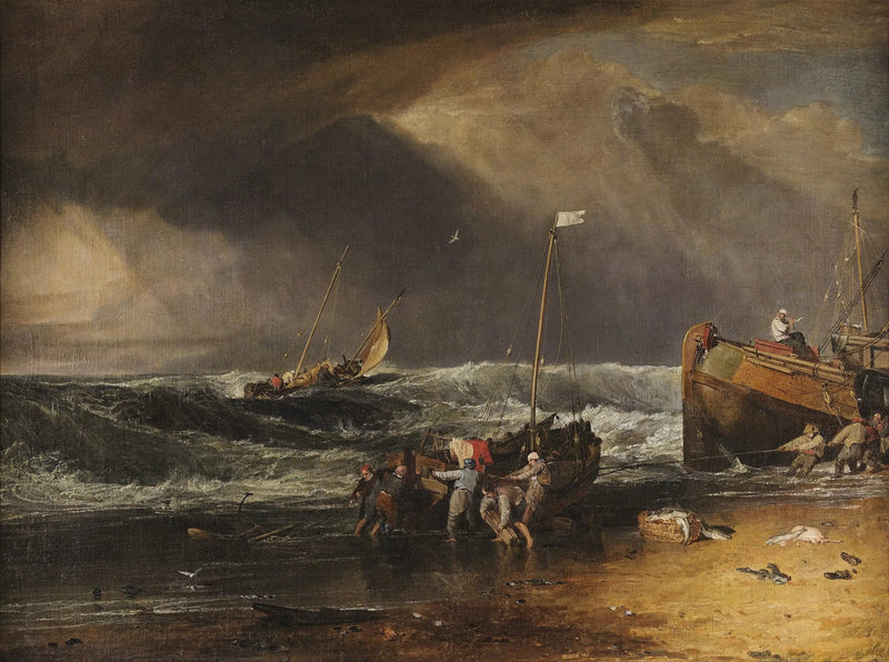 En kystscene med fiskere som drar en båt i land - J. M. W. Turner