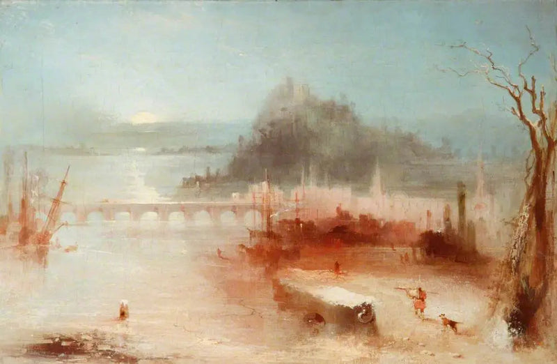 En by ved Rhinen, med en bro og et slott på en høyde – soloppgang - J. M. W. Turner