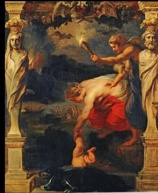 Achille dykket ned i elven Styx - Peter Paul Rubens
