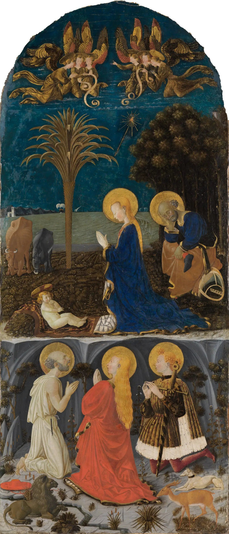 Barnets tilbedelse med helgenerne Jérôme, Marie-Magdalene, Eustache og Julien - Paolo Uccello