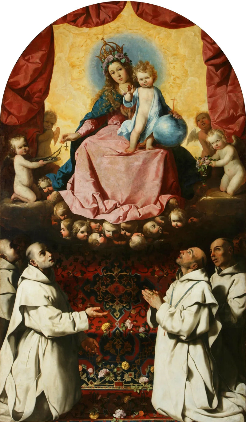 Tilbedelse av Jomfru Maria med rosenkransen av karmelittordenen. - Francisco de Zurbarán