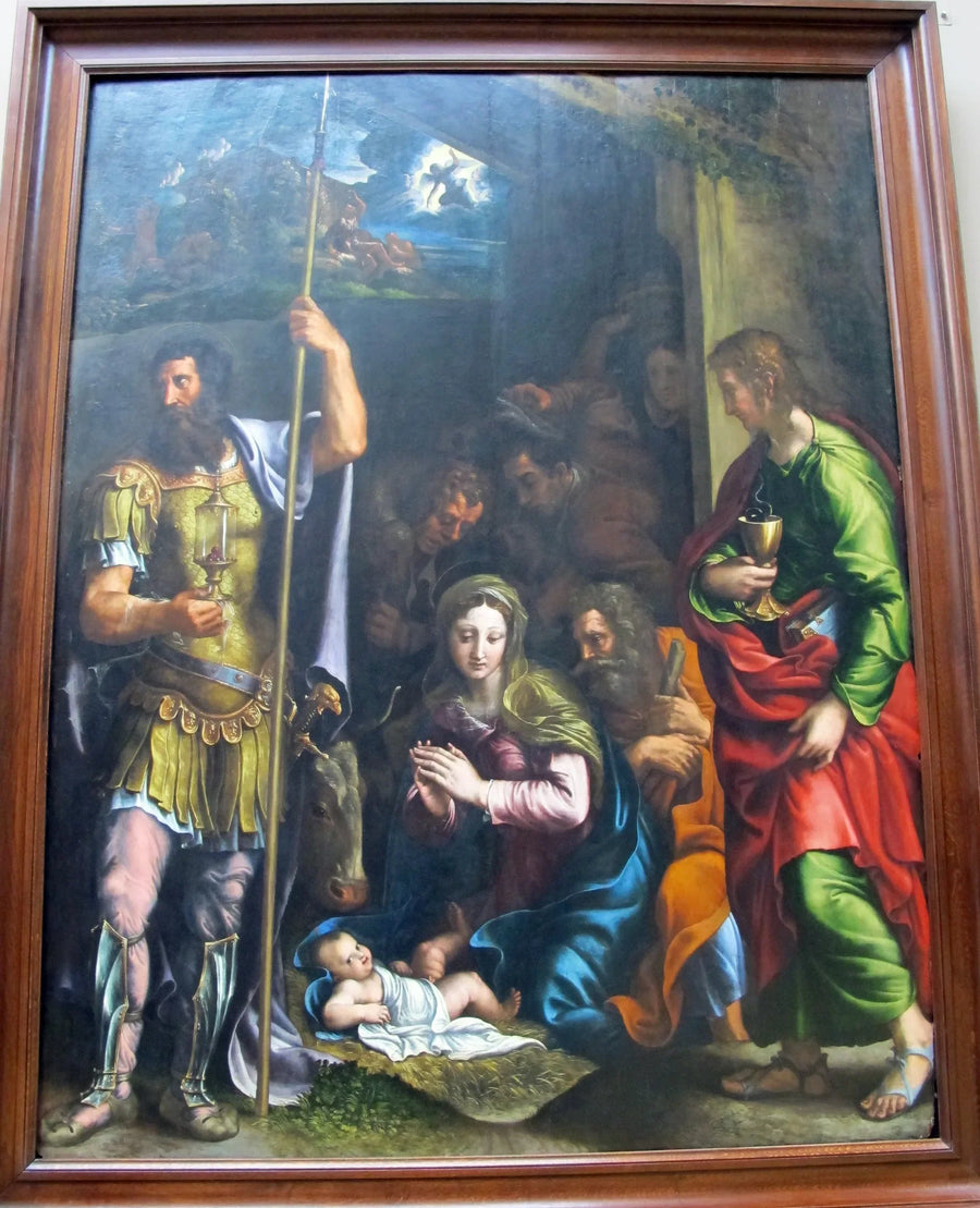 Adoration des bergers avec saint Longin et saint Jean l'Évangéliste - Giulio Romano image 1 tableau peint à l’huile sur toile