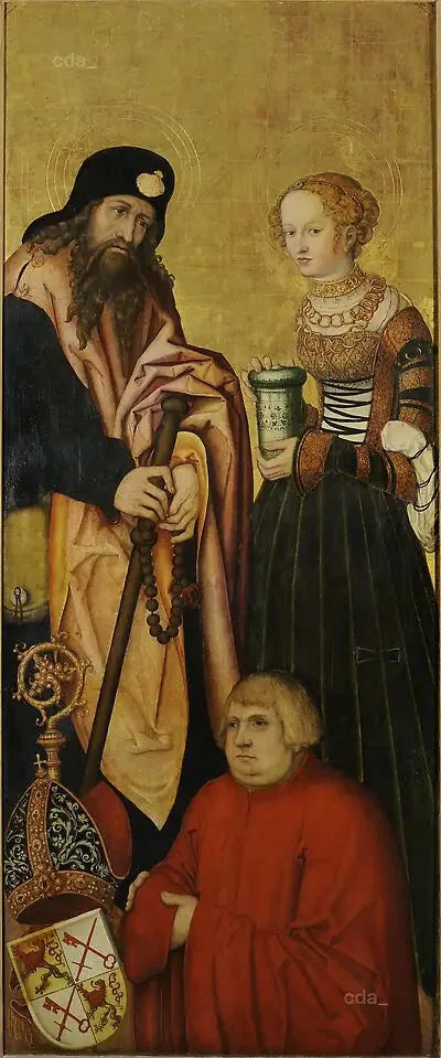 Vinger av altertavlen i den vestlige katedralen i Naumburg [interiør]: apostelen Jakob den eldre og helgenen Maria Magdalena med biskop Jean III av Schönberg (1492-1517) som giver [interiør] - Lucas Cranach den eldre