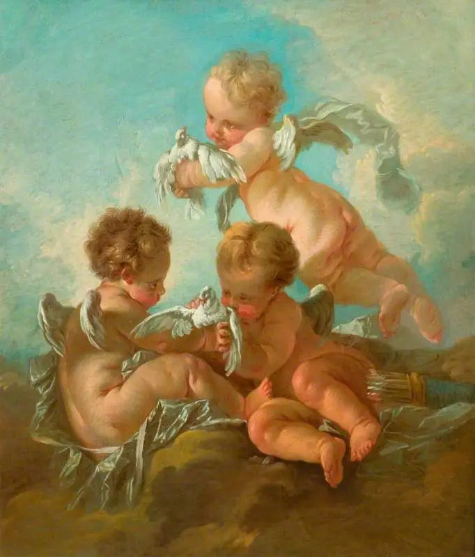 Luft: Tre putti med fugler - François Boucher